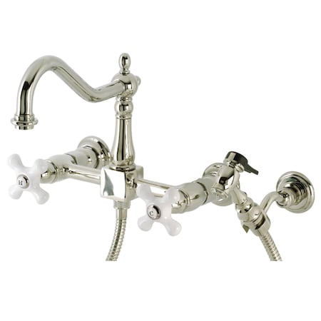 Kingston Brass KS1246PXBS Wall Mount Bridge Kitchen Faucet with Brass Sprayer, Polished Nickel KS1246PXBS
